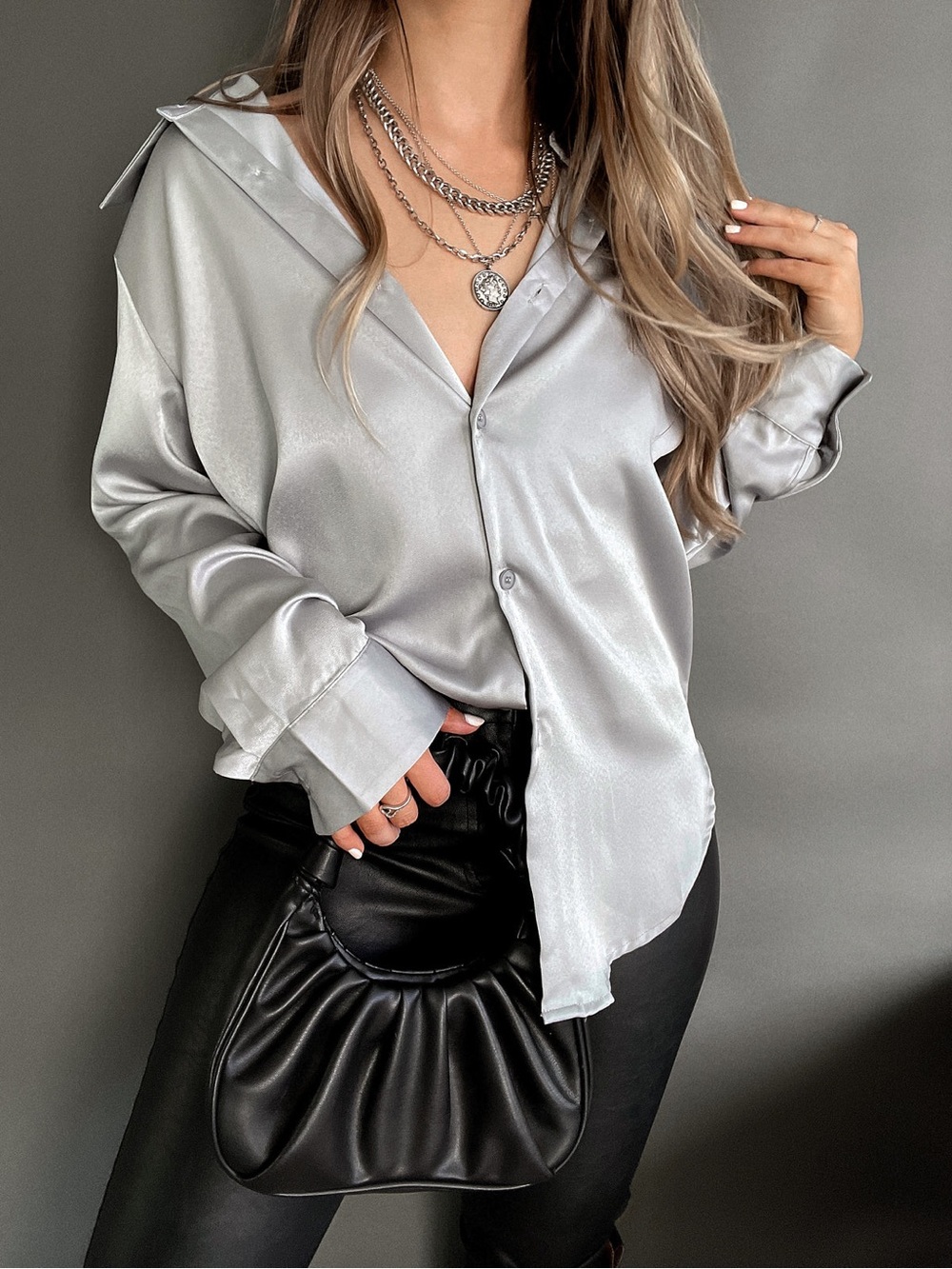Silver Oversized Silky Satin Button Up W/Ruched Shoulders Balloon Sleeves Blouse